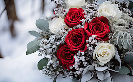赤いバラの花束と雪